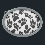 白黒抽象芸術アートドッグポープリント 卵形バックル<br><div class="desc">白と黒のパターンが犬の足を形成し、角度とサイズ違うで印刷する。ベルトカスタムバックル。ギフトアイディア愛犬家。</div>