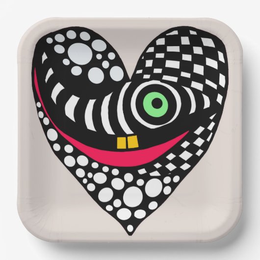 白黒抽象芸術ハート ペーパープレート (正面)