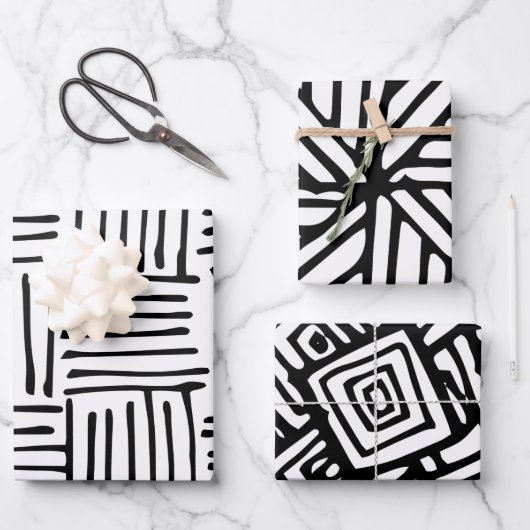 白黒抽象芸術パターン ラッピングペーパーシート (正面)