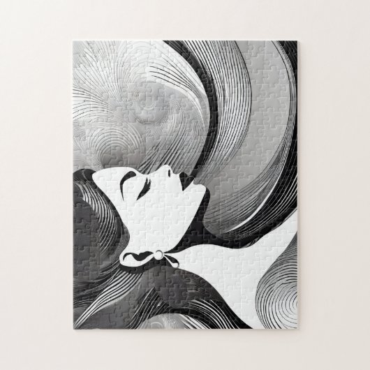 白黒抽象芸術モダンの考え女性 ジグソーパズル (縦)
