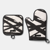 白黒抽象芸術モダンアートライン装飾 鍋つかみ&鍋敷きセット (正面)