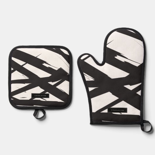 白黒抽象芸術モダンアートライン装飾 鍋つかみ&鍋敷きセット (正面)