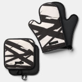 白黒抽象芸術モダンアートライン装飾 鍋つかみ&鍋敷きセット (正面/裏面)