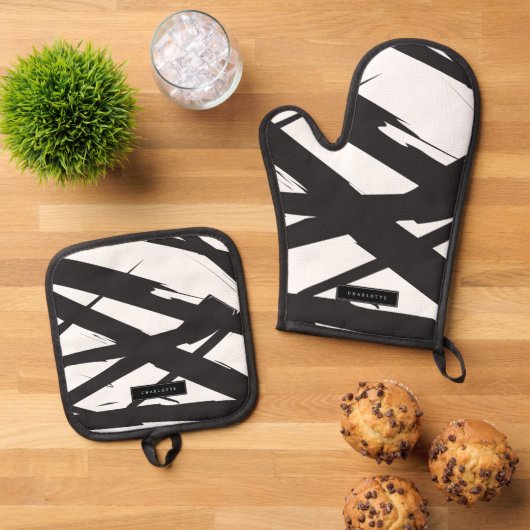 白黒抽象芸術モダンアートライン装飾 鍋つかみ&鍋敷きセット (トップダウン)