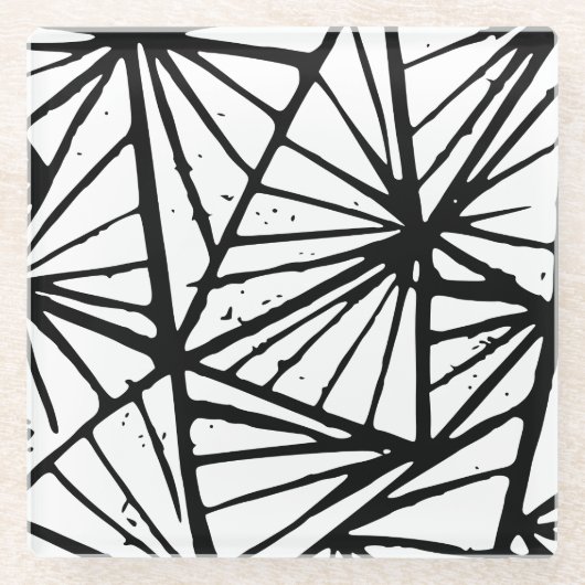 白黒抽象芸術三角形Lino Cut ガラスコースター (正面)