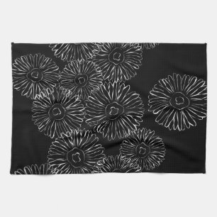 白黒抽象芸術春の花 キッチンタオル