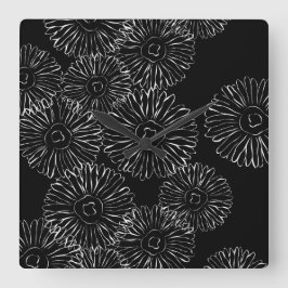 白黒抽象芸術春の花 スクエア壁時計