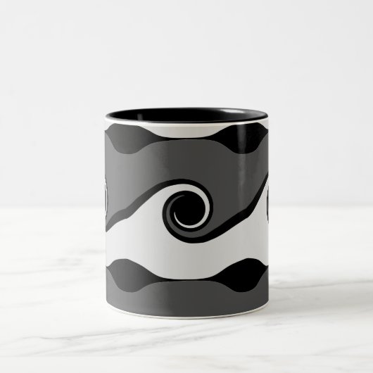 白黒抽象芸術波 ツートーンマグカップ (中央)
