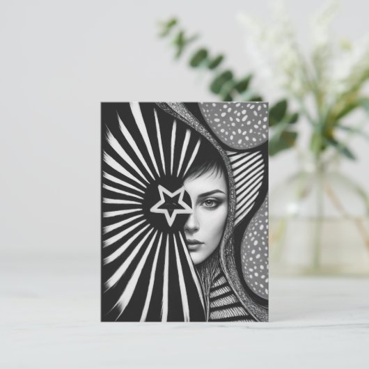 白黒抽象芸術顔と星 ポストカード (スタンド正面)