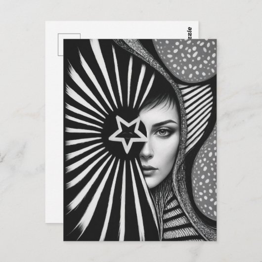 白黒抽象芸術顔と星 ポストカード (正面/裏面)