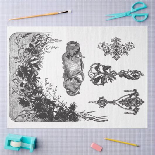 白黒数々のモティフデクページ紙 薄葉紙 (クラフト)