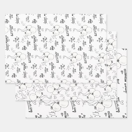 白黒文字ドードルバルーンハッピーバースデー ラッピングペーパーシート (セット)