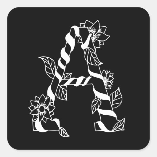 白黒文字「A」、巻き花 スクエアシール (正面)