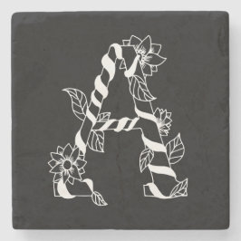 白黒文字「A」、巻き花 ストーンコースター