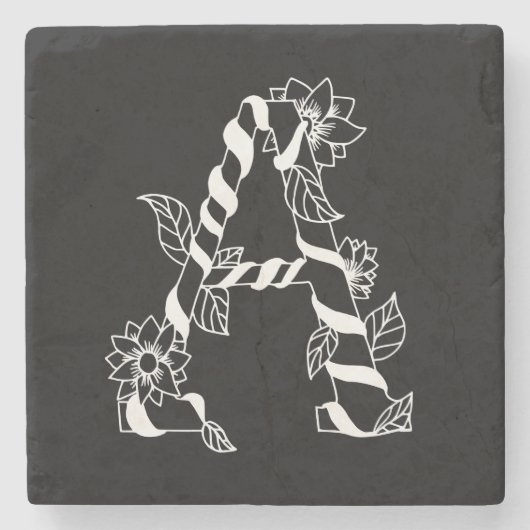 白黒文字「A」、巻き花 ストーンコースター (正面)