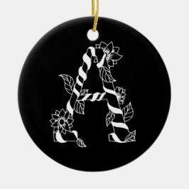 白黒文字「A」、巻き花 セラミックオーナメント