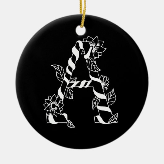 白黒文字「A」、巻き花 セラミックオーナメント (正面)