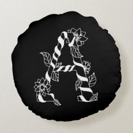 白黒文字「A」、巻き花 ラウンドクッション