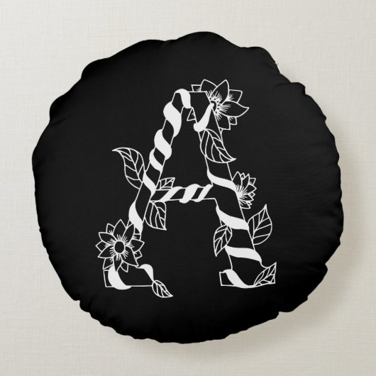 白黒文字「A」、巻き花 ラウンドクッション (裏面)
