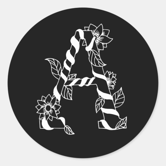 白黒文字「A」、巻き花 ラウンドシール (正面)