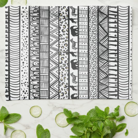 白黒族アフリカ模様 キッチンタオル (折り畳み)