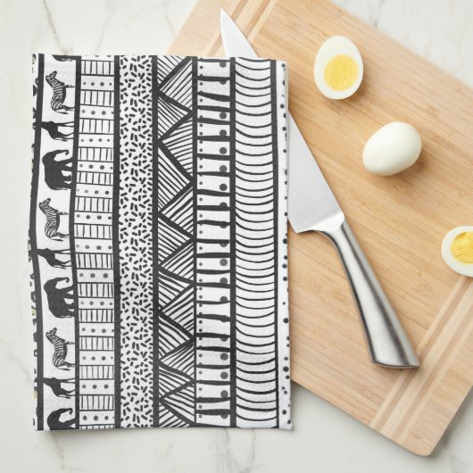 白黒族アフリカ模様 キッチンタオル (四つ折り)