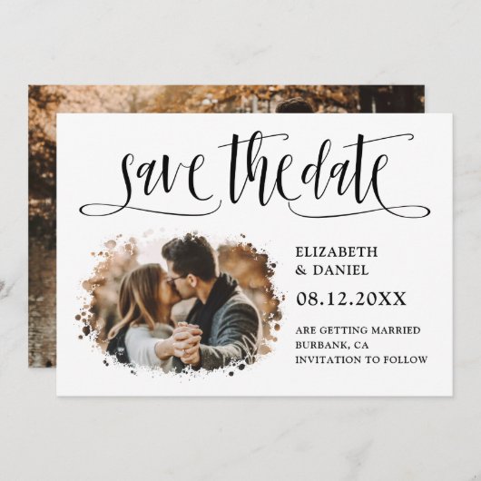 白黒書結婚の2（ばちゃばちゃ）跳ねる写真 セーブザデート (正面/裏面)