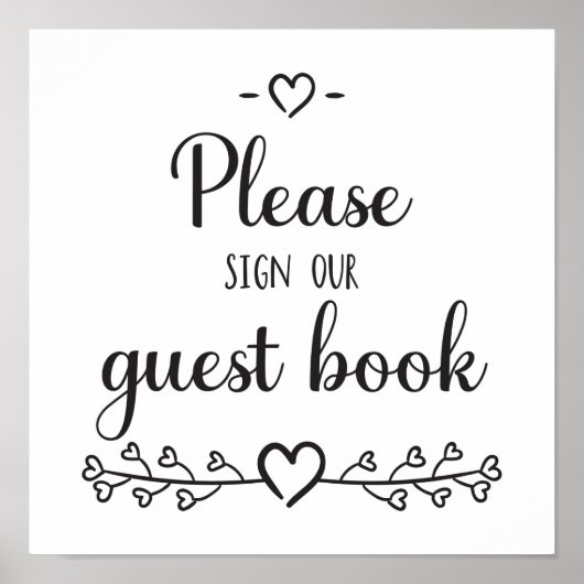 白黒書道ハート結婚ズゲストブック ポスター (正面)