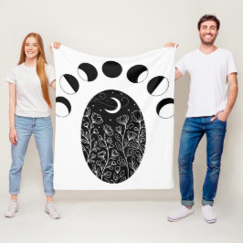 白黒月相の花 フリースブランケット