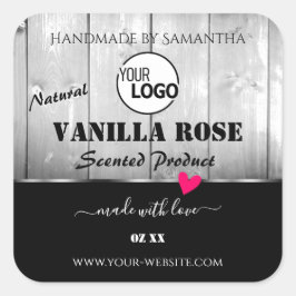 白黒木目製品ラベルハートロゴ スクエアシール