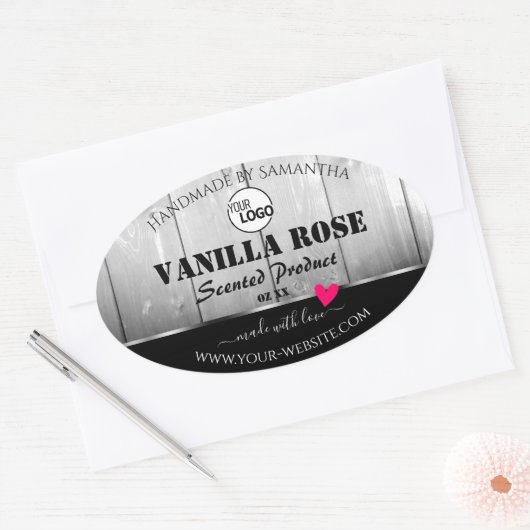 白黒木目製品ラベルハートロゴ 楕円形シール (封筒)