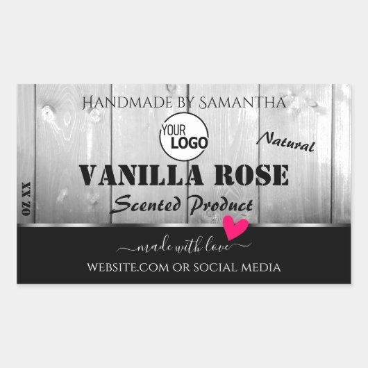 白黒木目製品ラベルハートロゴ 長方形シール (正面)