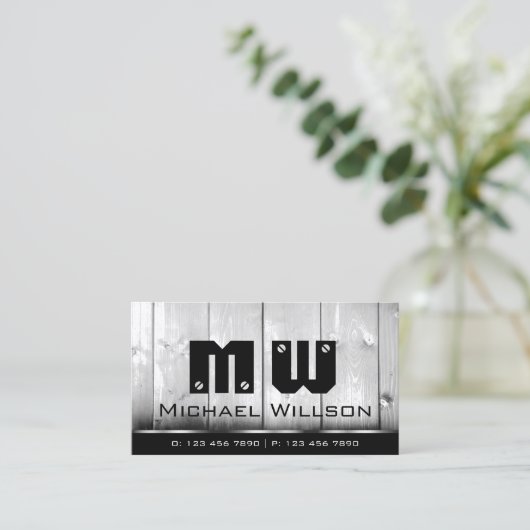 白黒木製ボードウッドグレインルックモノグラム 名刺 (スタンド正面)