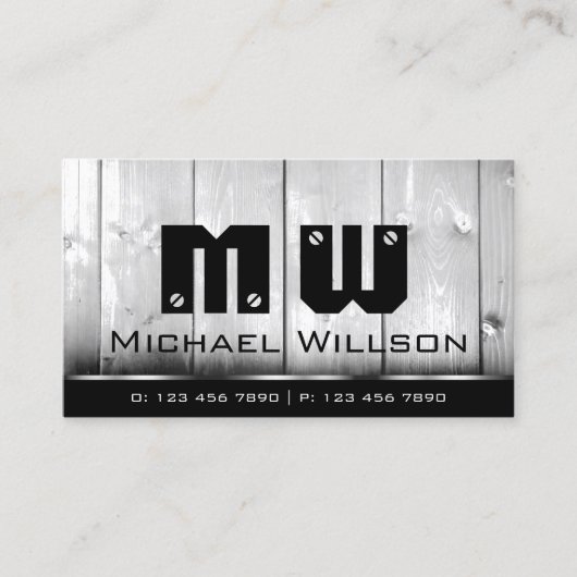 白黒木製ボードウッドグレインルックモノグラム 名刺 (正面)