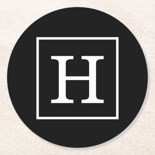 白黒枠イニシャルモノグラム ラウンドペーパーコースター (正面)