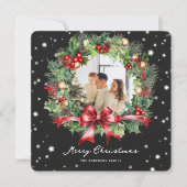 白黒格子状リース写真メリークリスマス シーズンカード (正面)