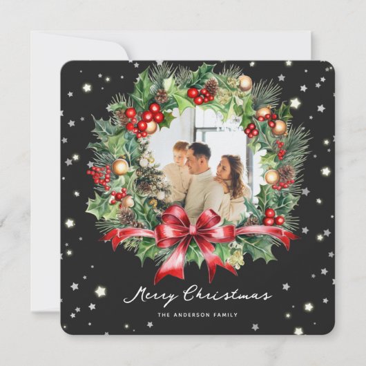 白黒格子状リース写真メリークリスマス シーズンカード (正面)