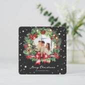 白黒格子状リース写真メリークリスマス シーズンカード (スタンド正面)