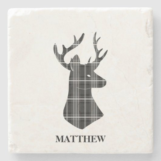 白黒格子縞の雄鹿の頭部 ストーンコースター (正面)