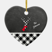 白黒格子縞トナカイチャルクボパーソナライズされたード セラミックオーナメント (正面)