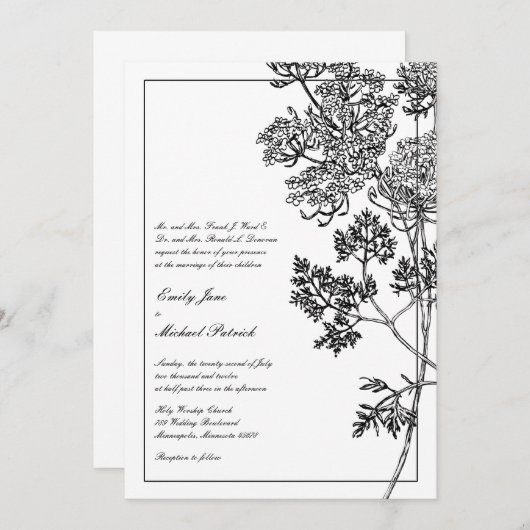 白黒植物イラストレーション結婚ズ 招待状 (正面/裏面)