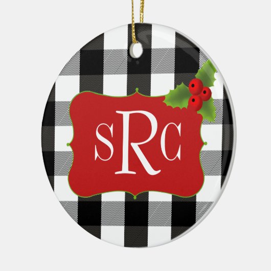 白黒樵の格子縞のヒイラギのモノグラム セラミックオーナメント (左)