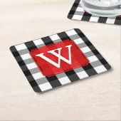 白黒樵の格子縞のモノグラム スクエアペーパーコースター (アングル)