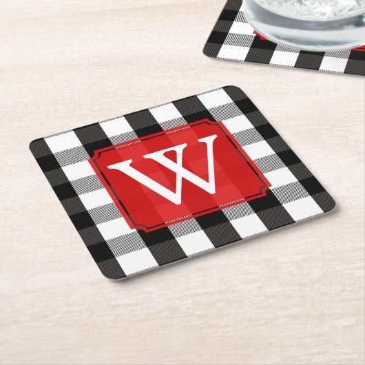 白黒樵の格子縞のモノグラム スクエアペーパーコースター (アングル)