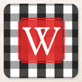 白黒樵の格子縞のモノグラム スクエアペーパーコースター (正面)