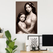 白黒母と娘ポートレート | AI Art ポスター (ホームオフィス)