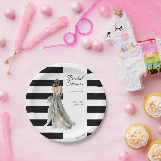 白黒水ストライプ色ブライダルシャワー ペーパープレート (パーティー)