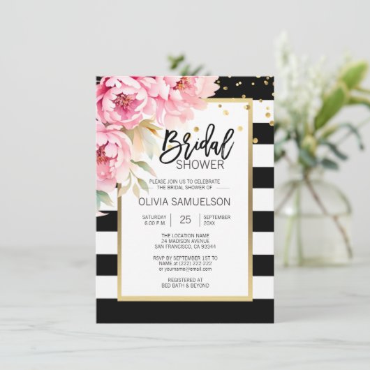 白黒水彩ピンクフローラブライダルシャワー 招待状 (スタンド正面)