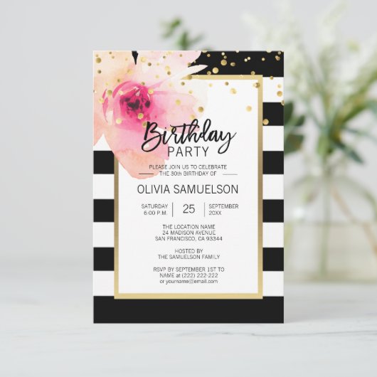 白黒水彩ピンクフローラ誕生日パーティー 招待状 (スタンド正面)