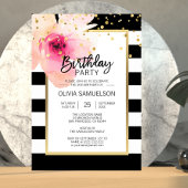 白黒水彩ピンクフローラ誕生日パーティー 招待状